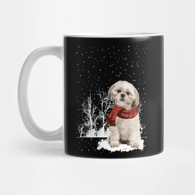 Christmas Shih Tzu With Scarf In Winter Forest by Mhoon 